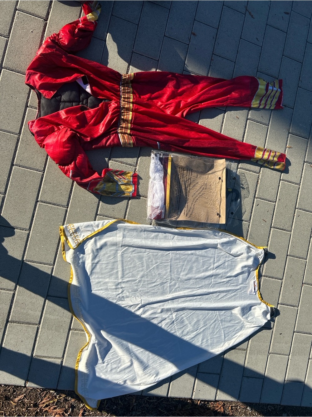 Red Hero Kids Costume with White Cape and Gold Trim